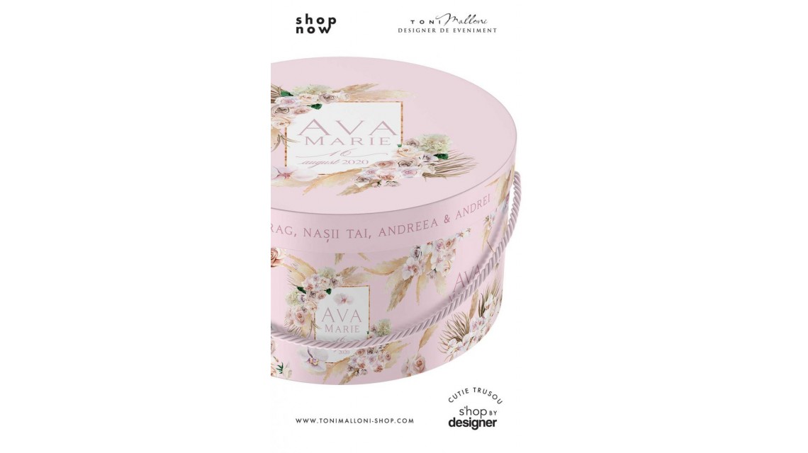 Cutie de botez trusou rotunda design pampass grass in gold alb si roz 1